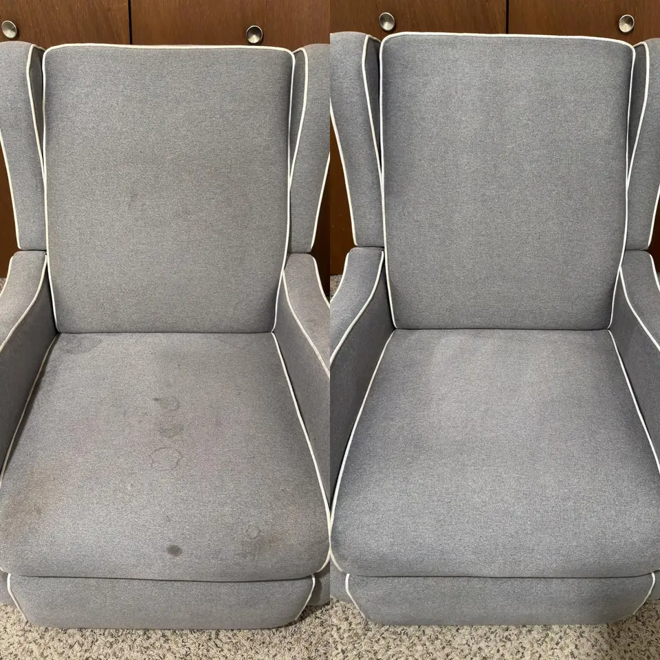 Before and after cleaning of a gray fabric armchair by LuHe Carpet Cleaning