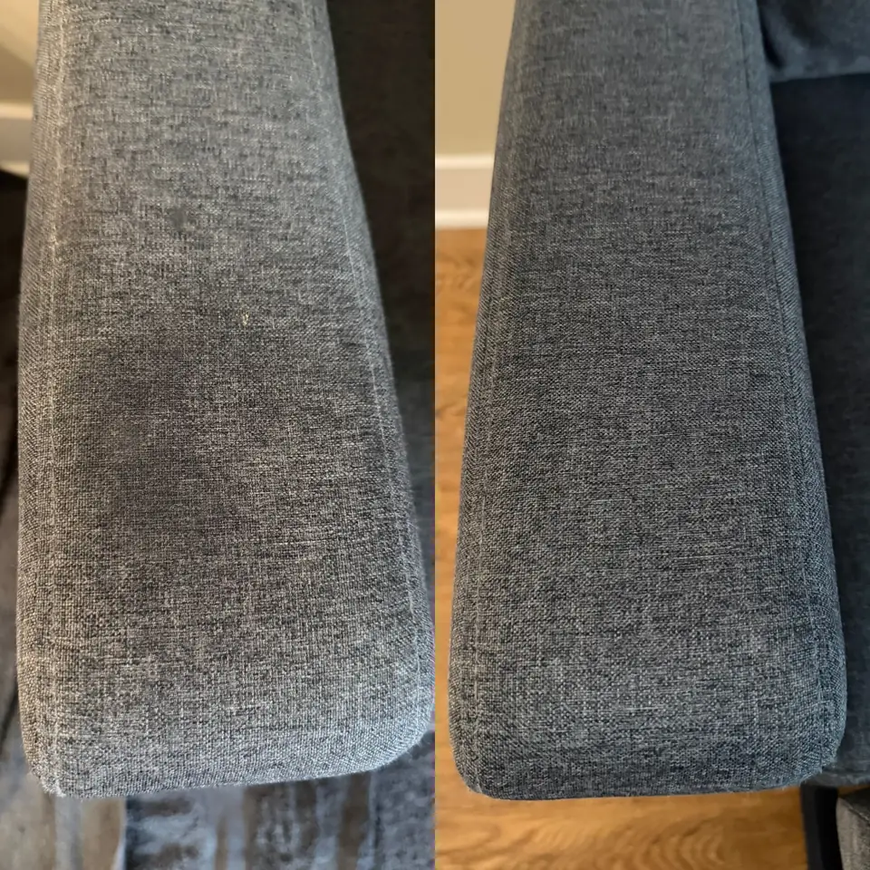 Before and after detailed armrest cleaning by LuHe Carpet Cleaning