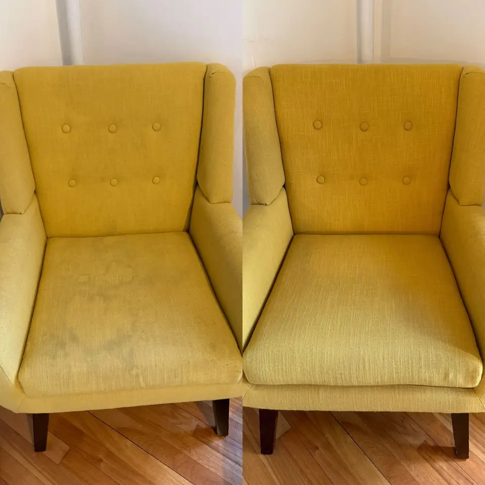 Before and after cleaning of a yellow chair by LuHe Carpet Cleaning in MetroWest
