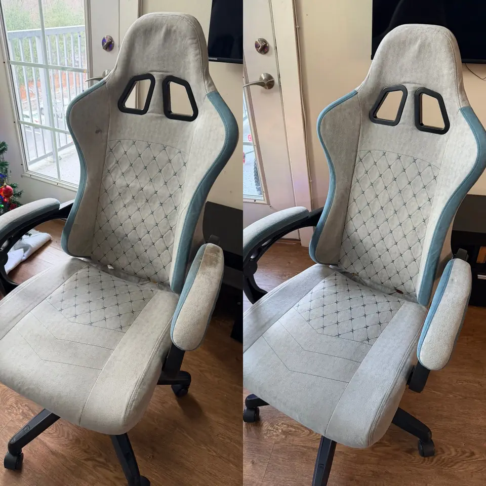 Before and after cleaning of a gaming chair by LuHe Carpet Cleaning