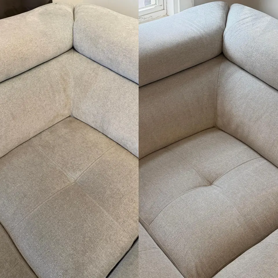 Before and after cleaning of a sofa corner by LuHe Carpet Cleaning in Shrewsbury, MA