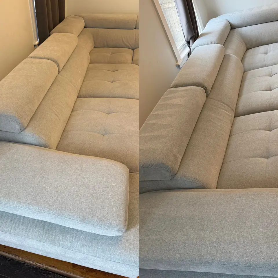 Before and after cleaning of a light-colored sofa by LuHe Carpet Cleaning