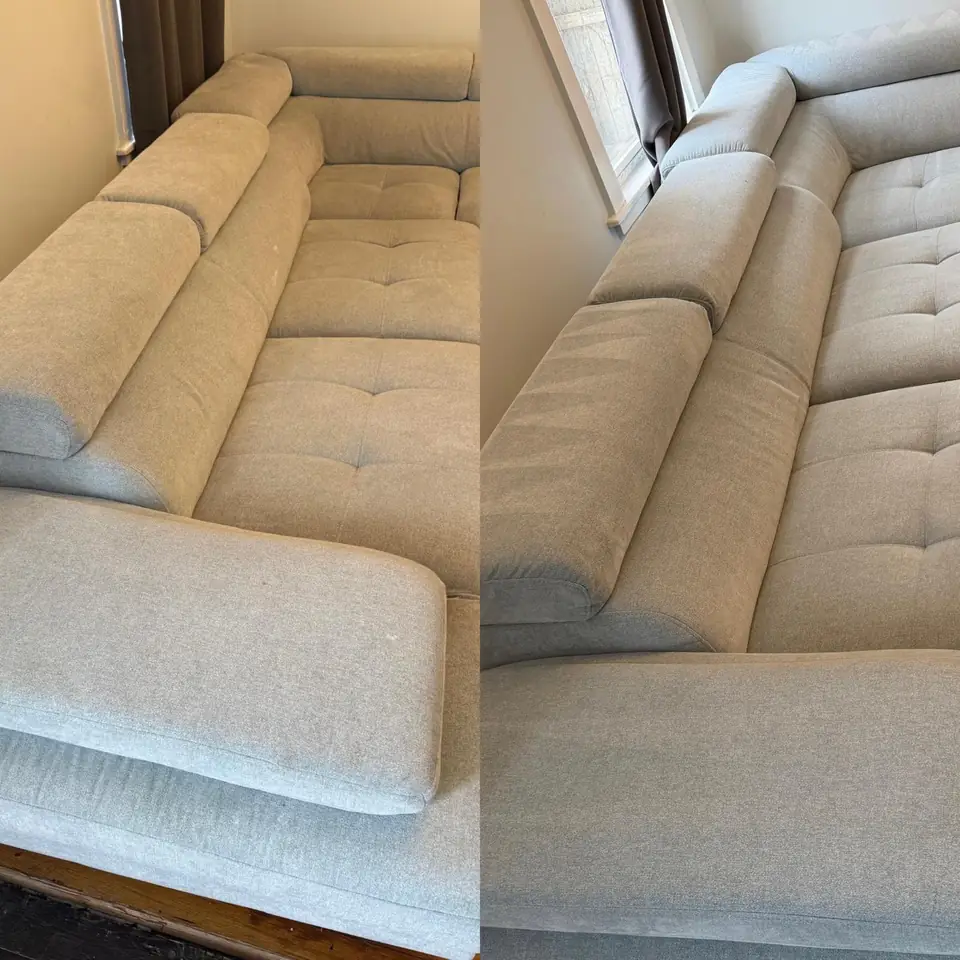 Before and after cleaning of a light fabric sofa by LuHe Carpet Cleaning