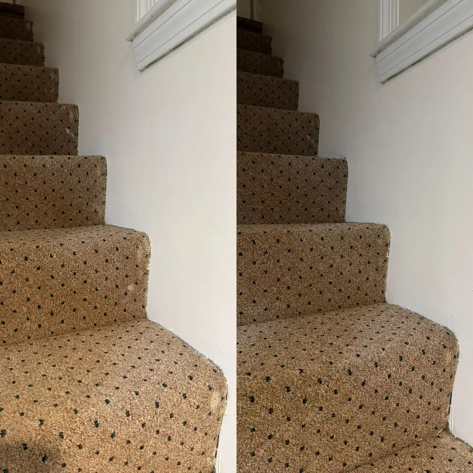 Before and after cleaning of a full stair carpet by LuHe Carpet Cleaning