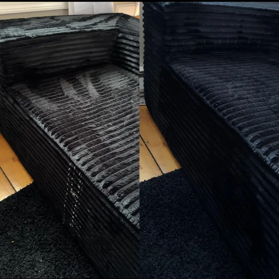 Before and after cleaning of black fabric upholstery by LuHe Carpet Cleaning